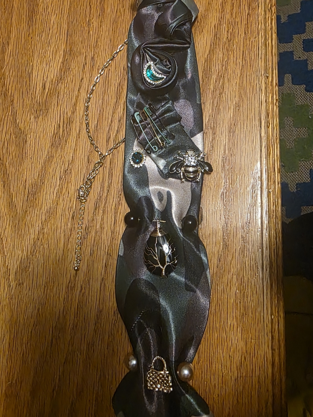 Silky Black Gray Scarf Necklace with Mixed Charms